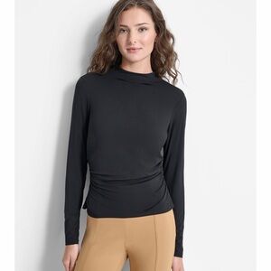 DKNY Ruched Side Mock Neck Long Sleeve Black Top
